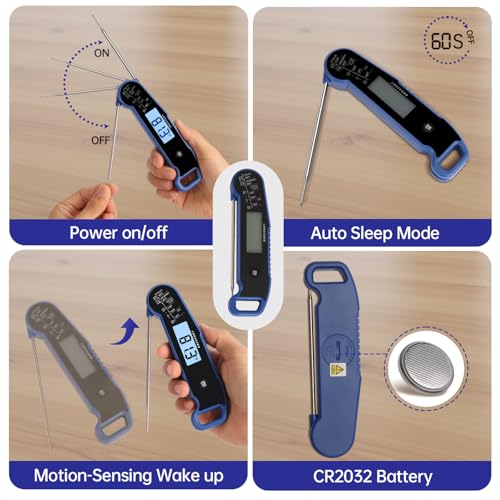 Lonicera Instant-Read Meat Thermometer, 1-Second, IP67 Waterproof, Blue | Thermocouple sensor delivers readings in 1 second with ±0.9°F accuracy, plus IP67 waterproofing, auto-rotate and wake - color: BLUE