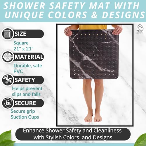 ENKOSI Square Shower Mat 21 x 21 – Anti Slip Shower Mat with Secure Suction Cups and Drain Holes – Square Shower Stall Floor Mats with Black Marble Design (Marble Black 21x21) - color: Marble Black