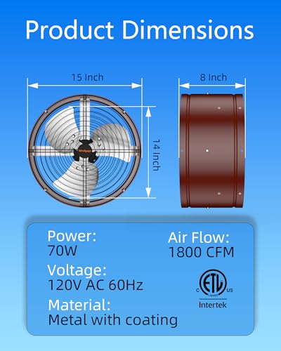 15'' Gable Vent Fan with Thermostat & Remote, 1800 CFM Attic Fan | Auto On/Off by Setting Temp, Up to 2500 Sq Ft, 70W, 3 Speeds, 18-Hour Timer, Plug-and-Play
