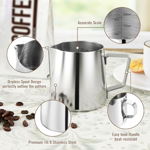 HULISEN Milk Frothing Pitcher, 6.8oz/200ml Stainless Steel Frother Cup | Small Steaming Pitcher for Espresso Machine, Latte Art Pour Cup, Measurement Markings, Dishwasher Safe - size: 6.8oz/200ml Silver