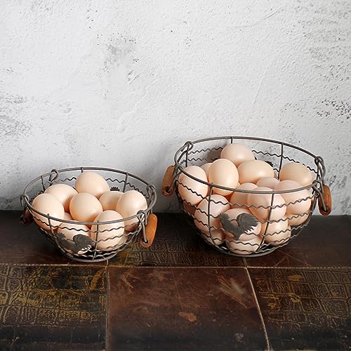 Round Wire Egg Baskets Rustic Fruit Baskets with Wooden Handles Farmhouse Collecting Basket. Rusty, Set of 2