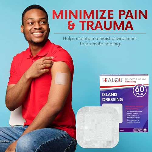 HEALQU Island Dressing - 4"x4", 60 Count - Bordered Gauze Sterile Individually Wrapped Gauze Pads, Water-Resistant, Non-Woven Backing - Soft and Breathable Wound Dressing for First Aid and Medical - size: 4x4" (60 Pack)