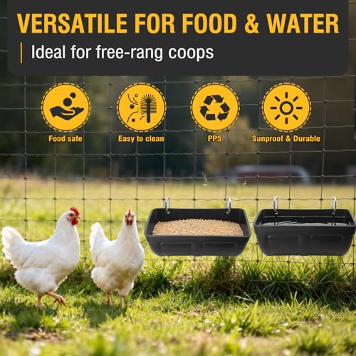 2 Pack Hanging Chicken Feeder Trough for Goat,Sheep,Dog.Livestock Feeding Container Goats Supplies Feeders Waterer Bucket (Black)