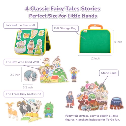 CHEFAN Felt/Flannel Board Story Set of 4, PRECUT Felt Pieces for Preschool Toddlers, Stone Soup, The Three Billy Goats Gruff, Jack and Beanstalk, The Boy Who Cried Wolf - color: The Three Billy Goats Gruff&3 Other Stories