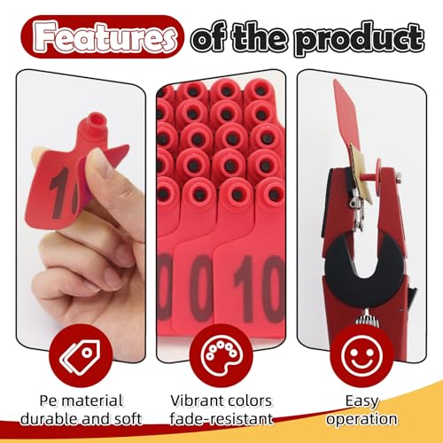 Cattle Ear Tags 001-300, 300Pcs Plastic Livestock Ear Tag for Cows Goats Sheep Pigs with Pliers Applicator & 2 Pins, Animal ID Tags for Ranch Farm Herd Tracking, Laser Print (001-300, Red) - color: Red