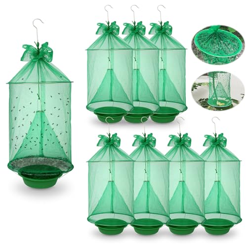 Reusable Outdoor Fly Trap Hanging Fly Catcher with Brush-8 Pack | Fly Cage Ranch Fly Traps with Bait Tray, Fly Control Killer Repellent Hunter Catcher for Barn Orchard Farm Horse Patio - size: 8 pack