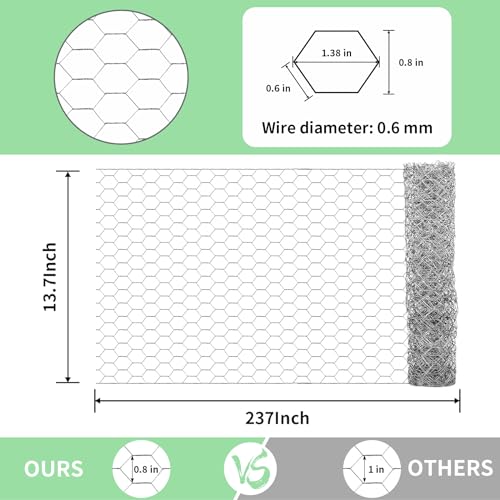 Miuwauer Chicken Wire Chicken Wire 13.7 in x 237 in Poultry Wire Netting Hexagonal Galvanized Mesh Garden Fence Barrier for Pet Rabbit Chicken Fencing with 100 Pcs Cable Zip Ties - color: Silver, size: 13.7"x237"+100Ties