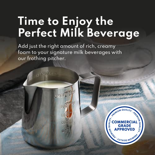 New Star Foodservice 28805 Stainless Steel Frothing Pitcher, 12 oz Espresso Milk Steaming Cup with Measurement Scale, Commercial Grade 18/8 Barista Pitcher for Lattes, Cappuccinos, Coffee, Silver - size: 12 Ounces