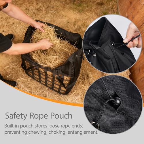 Extra-Large 25×21×9 in Slow-Slow Feed Hay Bag with Drawstring Closure & Rope-Head Pocket – Heavy-Duty Oxford Fabric Horse, Donkey & Goat Hay Feeder – Prevents Waste & Enhances Safety