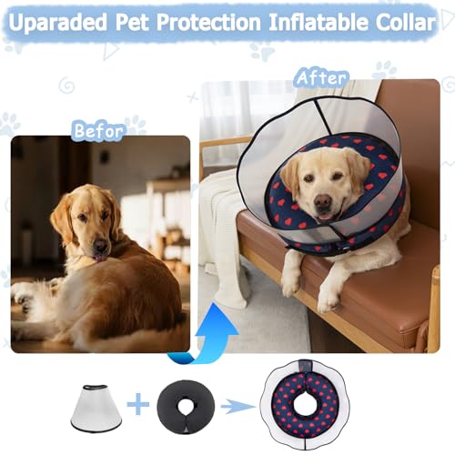 Inflatable Dog Cone Collar with Enhanced Anti-Licking Shield – Soft Adjustable Recovery Collar for Dogs & Cats After Surgery – Fits Large, Medium, Small Pets (Blue Love, Small) - color: Love, size: Small