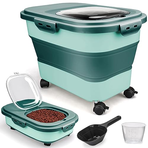 Viretec Dog Food Storage Container, 10-20Lbs Collapsible Pet Food Storage Containers with Rolling Wheel Airtight Locking Lid, Dry Food Storage Bin with Cup and Scoop,Suitable for Pet Food, Flour, Rice - color: Green