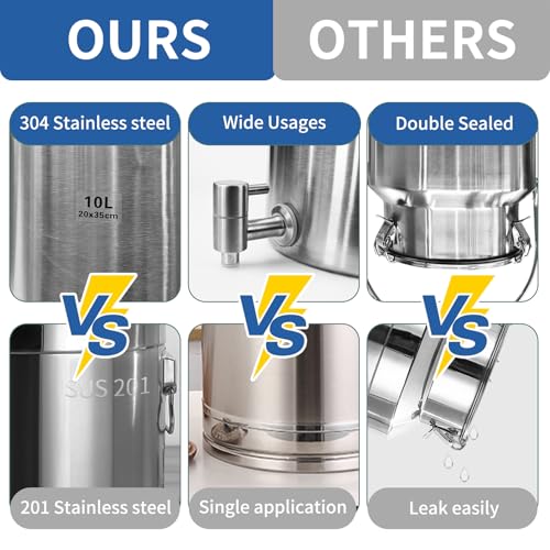 2.6 Gallon Water Dispenser,304 Stainless Steel Milk Can with Spigot,10L Water Jug,Airtight Food Storage Bucket,Leak-proof Liquid Storage Container with Tight Lid and Long Swivel Handle,Oil Pail