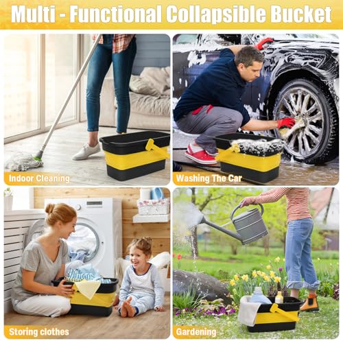 Collapsible Mop Bucket for Cleaning with Handle, Square Foldable Bucket | Silicone Wash Bucket for Windows Cleaning, Car Washing,Portable Plastic Water Bucket for Storage Household Use, 3-Gallon - color: Grey Yellow
