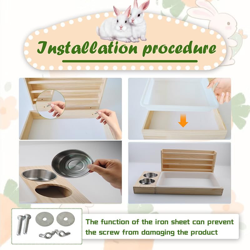 Rabbit Hay Feeder with Litter Box, 3 in 1 Wooden Bunny Feeder, Small Animal Hay Holder Rack for Rabbit, Guinea Pig, Hamster, Ferrets