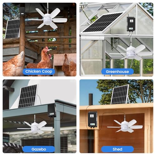 Fanspex 20.5'' Solar Ceiling Fan Light for Outdoor Gazebo Porch | 25W Solar Powered Rechargeable with Battery Backup for Chicken Coop, Greenhouse, Shed & Pet House Cooling or Air Circulation