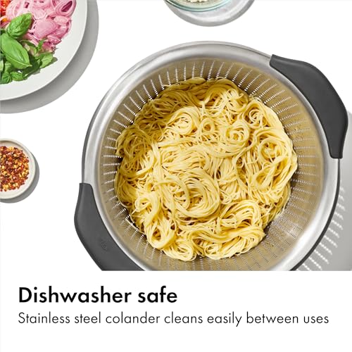 OXO Good Grips Strainer - 5 Qt Capacity, Stainless Steel | Colander, Nesting Design For Easy Storage, Non-Slip Handles, Drains Pasta And Vegetables, Dishwasher Safe - size: 5 Qt