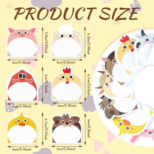 Yinder 24 Pads Farm Animal Sticky Notes, Kawaii Memo Self Adhesive | 12 Designs Cow Pig Duck Goat, Style for School Office, Back to School Party Gift Supplies, Bulk Cartoon Animals - style: Farm Animals