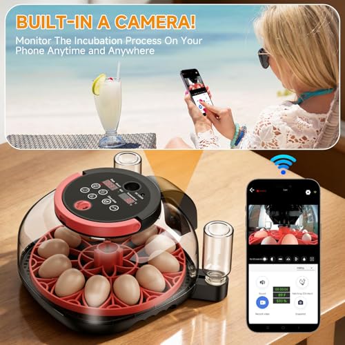 Full Automatic Egg Incubator WiFi with Camera, Automatic Egg Turner, Humidity and Temperature Control, APP Notification, Egg Candler, Smart Incubators for Hatching 12 Eggs, Chicken, Pigeon and Quail