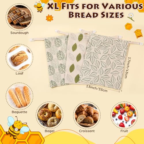 Tallew 3 Pack Beeswax Bread Bags for Sourdough Homemade Bread, Large 17x13 Inch Reusable TPU lining Beeswax Storage Bags with Sealing Zip Keep Fresh Freezer (Leaf Style) - style: Leaf Style