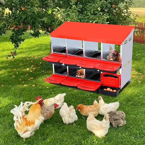 8-Compartment Chicken Nesting Box, Heavy Duty Galvanized Steel Poultry Nest Box, Wall Mount/Freestanding Design for Hens, Ducks, Backyard Homesteads & Farm Use, Red, No Stand - color: Red, size: 8 Room
