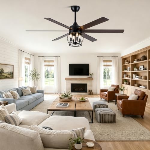 60" Farmhouse Ceiling Fan with Lights Remote Rustic Ceiling Fan | Industrial Black Caged Fandelier Large Moden Chandelier for Living Room Bedroom, 3 Downrods 6 Dual Blades 4 E12 Bulb Bases - color: Caged, size: 60 Inch