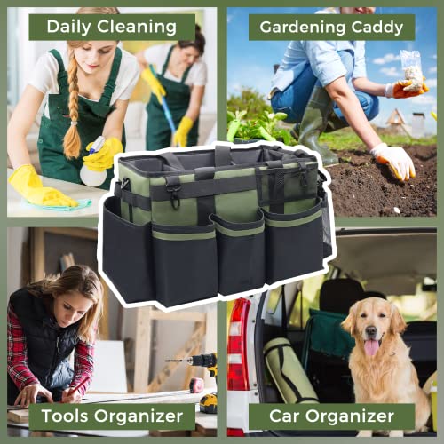 SCAVATA Wearable Cleaning Caddy Organizer with Handle & Shoulder Straps for Housekeepers, Under Sink & Car Cleaning Tool Organizer Bag with 4 Foldable Dividers (Green) - color: Green