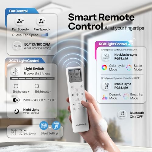 VIVOHOME RGB Bathroom Exhaust Fan with Bluetooth Speaker (160-110-50CFM) | Autoflow EC Motor & Humidity Sensor - 2700K/4000K/5700K LED & RGB Light,10.2-inch Retrofit Bath Fan, No Attic Access Needed - style: RGB Lights & 160-110-50 CFM & Bluetooth Speaker