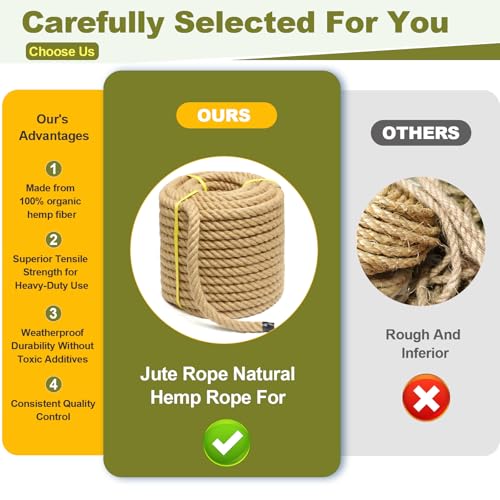 Jute Rope 1 Inch 150 Feet Hemp Rope for Deer, Heavy Duty, Twisted, Natural, Tug of War, for Crafts, Home Decorating Gardening Bundling - size: 150Ft, style: 1 Inch