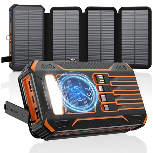 A ADDTOP Solar Charger Power Bank 20000mAh Built-in 4 Cables, Wireless Portable Charger with 4 Solar Panels and 3 USB Ports, PD QC 3.0 Fast Charging Battery Pack for Cell Phone, Tablets(Orange) | 4 Solar Panels, Built-in 4 Cables, 3 USB Input/Output Ports