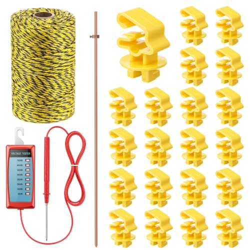 Zonon 24 Pcs Electric Fence Kit Include 656 ft Electric Fence Polywire and Fences Voltage Tester and T-Post Insulatorand 4ft Ground Rod with Attached Wire Clamp for Electrical Fences Farms