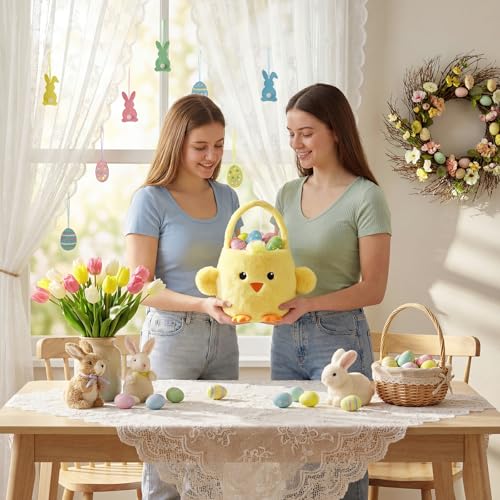 Leinuosen Easter Basket Stuffed Animals Chick Yellow Easter Egg Hunting Baskets Cute Festivals Gift Bags Buckets for Tote Bags for Decorations Candy Gifts Storage - style: Chick