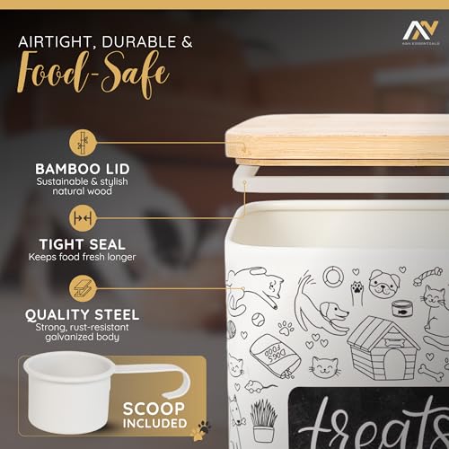 A&N Essentials 3-Piece Pet Food Storage Container Set – Airtight Galvanized Steel with Bamboo Lids – Holds Up to 6 lbs Kibble & 6 Cups Treats for Dogs & Cats