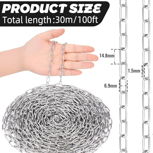 100ft 1/16" Jack Chain for Hanging Stainless Steel Metal Chain Link Silver Galvanized Light Chain Roll Small Light Duty Fixture Utility Chain for Bird Feeders, Overhead Lights, Flowerpots (1.5mm*30m)