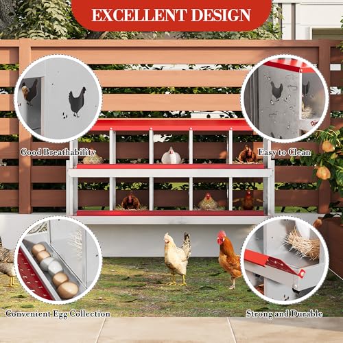 Chicken Nesting Box, 10-Hole Nesting Boxes with Bracket Legs, Removable Tray, Ventilation Holes, Easy Egg Collection & Cleaning, Laying Boxes for Hens, Red - color: Red, size: 53.5"L x 16.9"W x 26.6"H