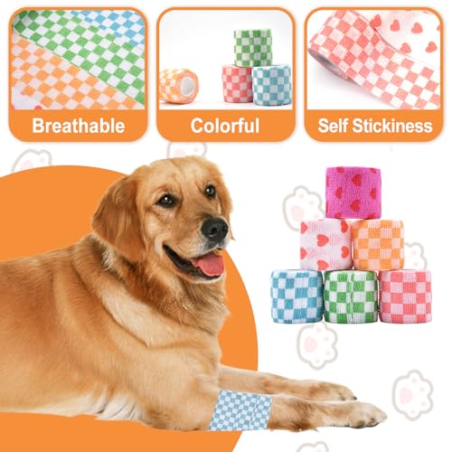 6 Roll 2 Inch x 5 Yards Checkered and Heart Print Pet Vet Wrap for Dogs Cats, Cohesive Bandages in Bulk, Non-Woven Self Adhesive Bandages Wrap Roll for Animals Wound Care, Ankle Sprains and Swelling