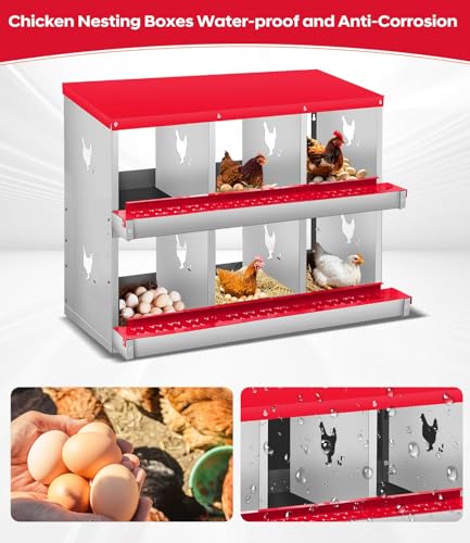 6 Compartment Chicken Nesting Box, Heavy Duty Metal Laying Box with Perch, Easy Assembly & Easy Clean for Outdoor Chicken Coop, Red - color: Red, size: 6 Compartment