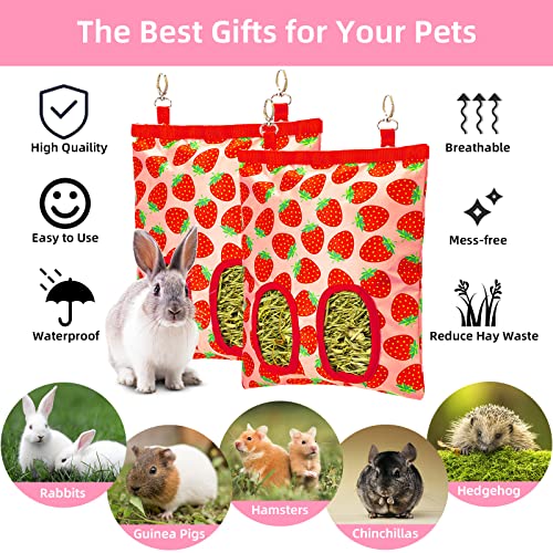 Rabbit Hay Feeder, Hanging Guinea Pig Hay Feeder Bag for Bunny Chinchilla Hamster with Back Hooks, 2 Holes, 9.8x11.4Inch - color: Strawberry
