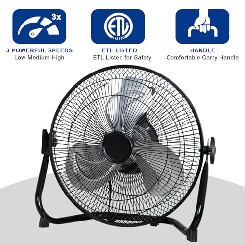 hykolity 1650 CFM 12" High Velocity Floor Fan, 3-Speed Powerful Airflow Fan, Heavy Duty Metal Fan with 180-Degree Tilt for Bedroom, Home, Residential Use, 2 Pack