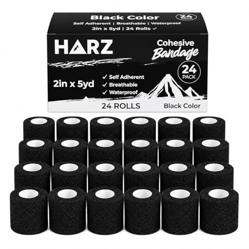HARZ Self Adhesive Bandage Wrap – 24 Pack 2" 5yds Elastic Wrap Bandages – Stretch Non-Woven Color Tape Rolls – Athletic Cohesive Tape for Sports, Vet, Ankle, Wrist Wrapping (24 Pack Black, 2 Inch) - color: 24 Pack Black