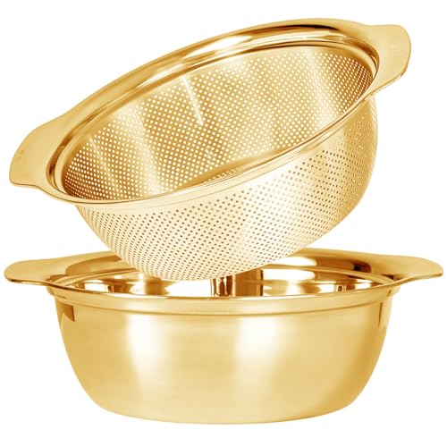 Paoli 304 Stainless Steel Fine Mesh Colander Set, 2.5QT Large Capacity Strainer with Mixing Bowl — Rinse Fruits, Veggies, Rice & Drain Pasta, Dishwasher Safe (2-Piece Gold) - color: Gold with handle, size: 2.5qt
