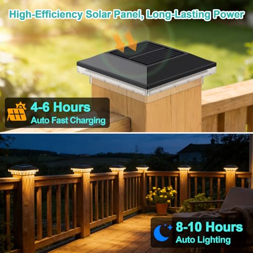 Brightever 4x4 Solar Post Cap Lights, 6 Pack Black Solar Post Cap Lights | 10-12 Hours of Illumination with 3 Lighting Modes, IP65 Waterproof, Outdoor, for Fence, Deck, Patio, Yard, Porch - color: Black
