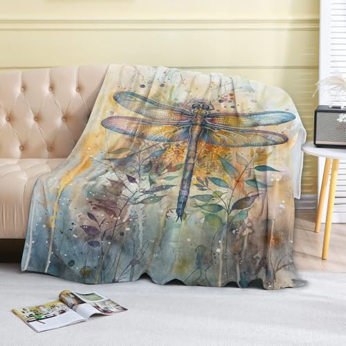 Watercolor Dragonfly Fleece Blanket,40x50in,Artistic Insect Intricate Wing Earthy Tones Throw Blankets,Soft Cozy Lightweight, Ideal for Bed Living Room Home Boho Decor,Women Gifts - color: Dragonfly, size: 40x50 Inch