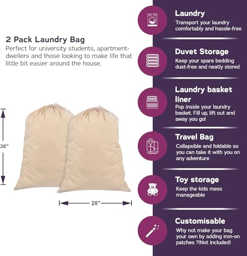 SweetNeedle Pack of 2 Heavy Duty Extra Large Laundry Storage Shopping Bag, 28 x 36 IN 75L - 100% Cotton, Highly durable, Draw-cord with cord-lock, Machine Wash and reusable Travel Bag - Natural - size: 2 Pack - Classic