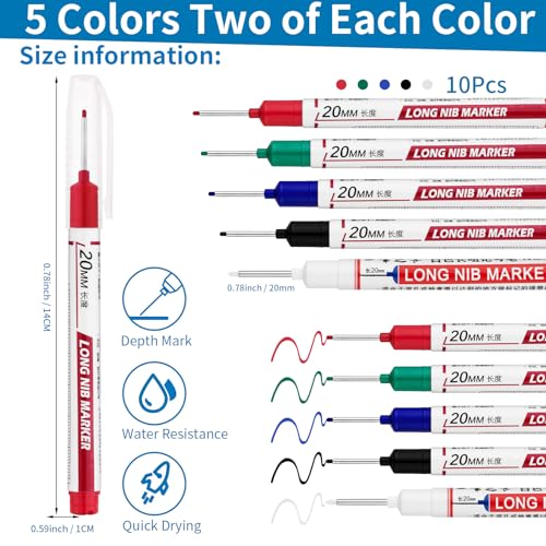 10 PCS Long Head Deep Hole Marker Pens,20mm Long Nib Marker, Longs Nose Markers, Waterproof Construction Markers Marking Tool,Permanent Markers Carpenter Ink marker Pens,Metal marking Pens - color: 10PCS-20MM-Red/Blue/Green/Black/White