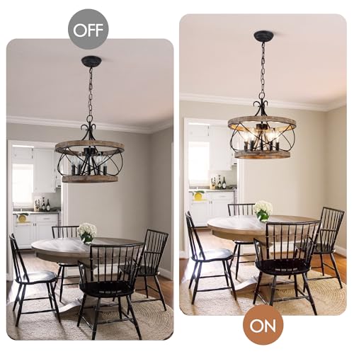 20'' Farmhouse Chandelier for Dining Room Rustic Chandelier | 5-Light Hanging Light Fixture over Table Wood Drum Pendant Hanging Lamp, Adjustable Height for Kitchen Entryway Living Room - color: 20" Wood Drum