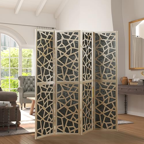 Roundhill Furniture Aurra 4-Panel Wood Room Divider, Folding Portable Partition Screen, Black Screen with Gold Frame - color: Black Screen/Gold Frame