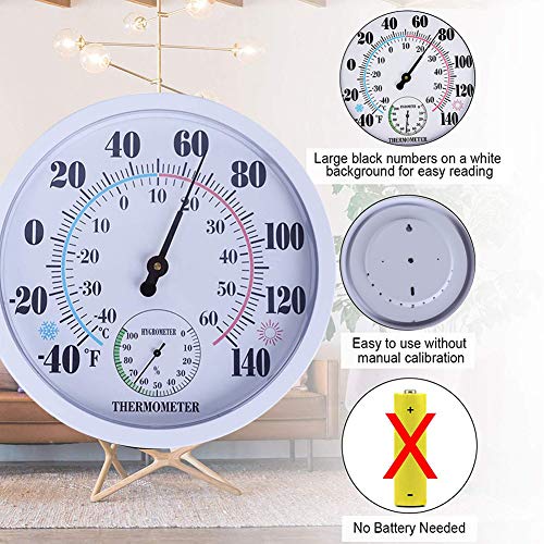 Indoor Outdoor Thermometer Hygrometer, Lirches Outdoor Thermometer Large Numbers, Decorative Outdoor Thermometers for Patio, No Battery Needed Wall Thermometer Round 10" in Diameter - color: White 10", size: 10 Inch