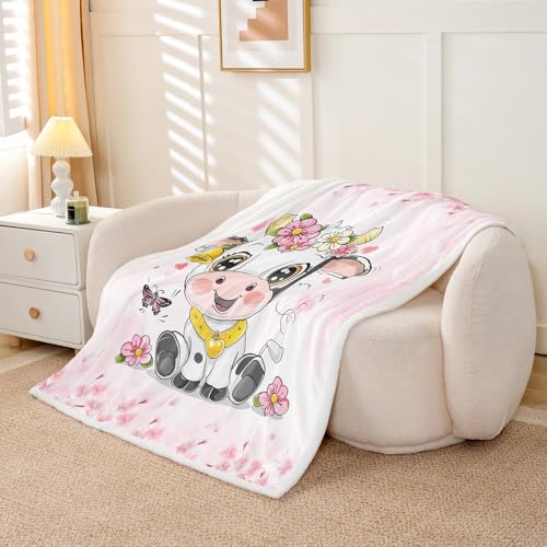Kawaii Cow Kids Throw Blanket,Japanese Ukiyo-e Cherry Blossom Bed Blanket for Girls Women,Cartoon Cattle Farm Animal Rustic Fleece Blanket,Pink Fuzzy Blanket,40 x 50 Inches - color: Black White Pink, size: 40"×50"