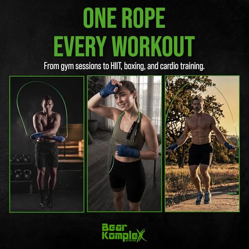 Bear KompleX Speed Jump Rope - Adjustable Tangle-Free Skipping Rope, Lightweight Handles, Smooth 360° Swivel Bearings, 2 Steel Cables, Free Carrying Case - color: Black/Green