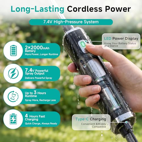 Battery Powered Garden Sprayer 2 Gallon, 7.4V High Pressure Rechargeable Weed Sprayer with 3 Pressure Mode, 5 Spray Nozzles, Telescopic Wand, Battery Indicator, Adjustable Strap for Lawn Garden, Green - color: Green